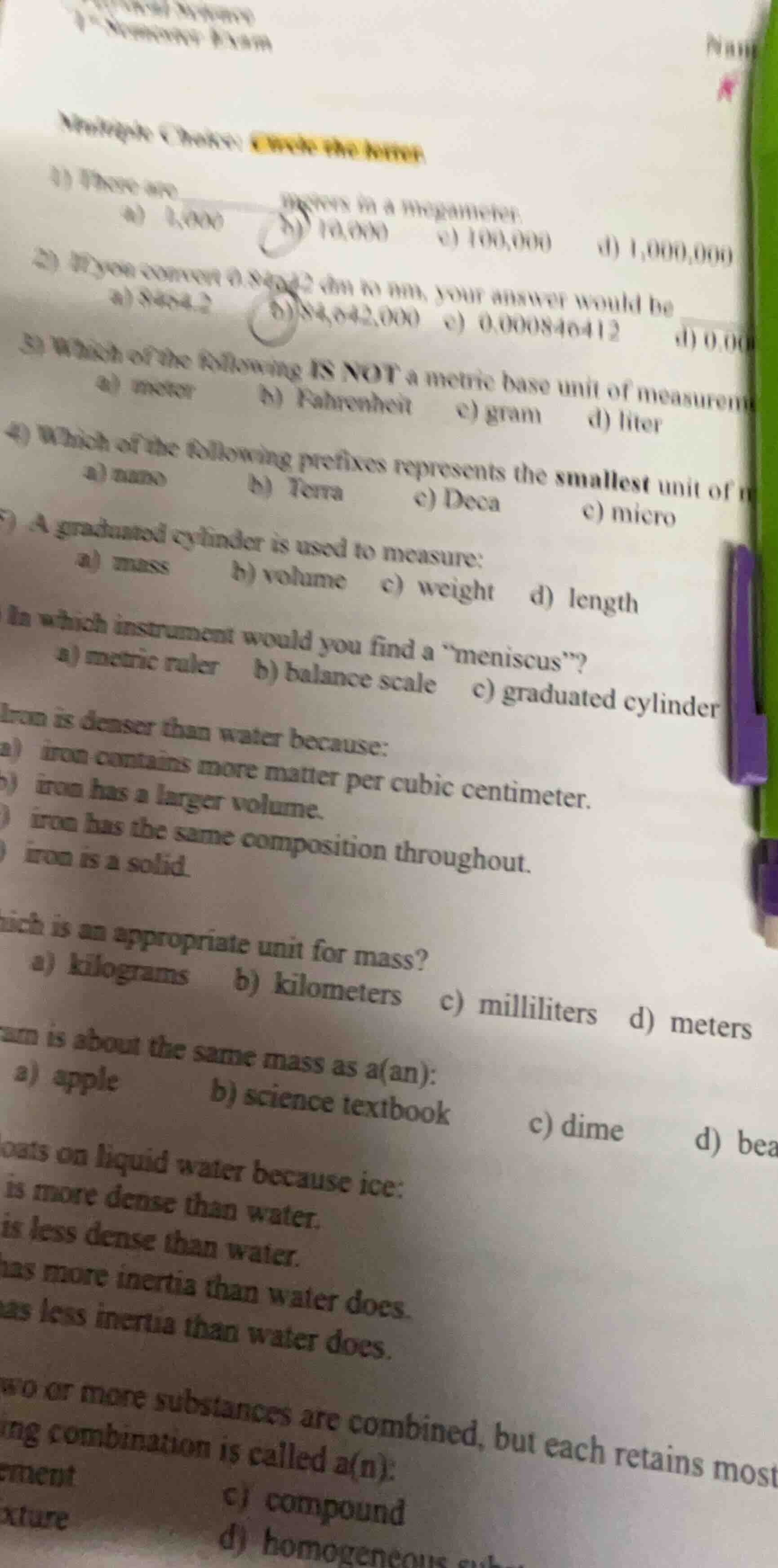 multiple choice: circle the letter 1) there are ______ millimeters in a…