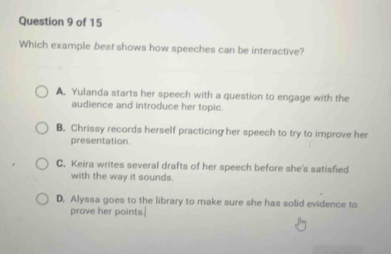 question 9 of 15 which example best shows how speeches can be interacti…