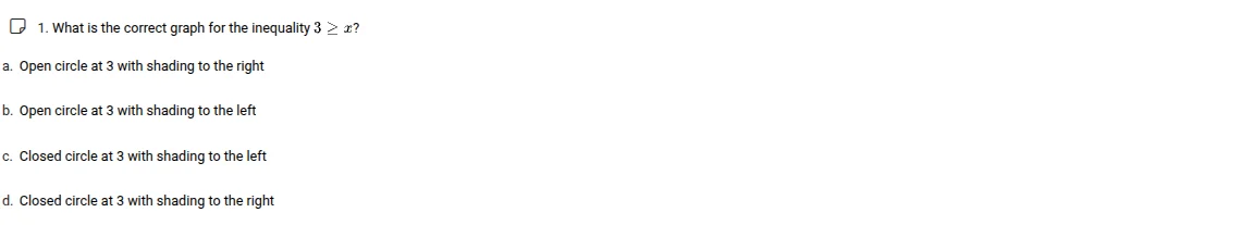 1. what is the correct graph for the inequality $3 \\geq x$? a. open ci…