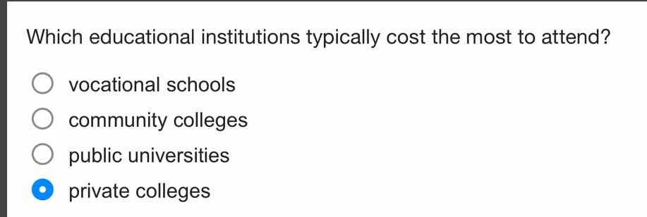which educational institutions typically cost the most to attend? ○ voc…