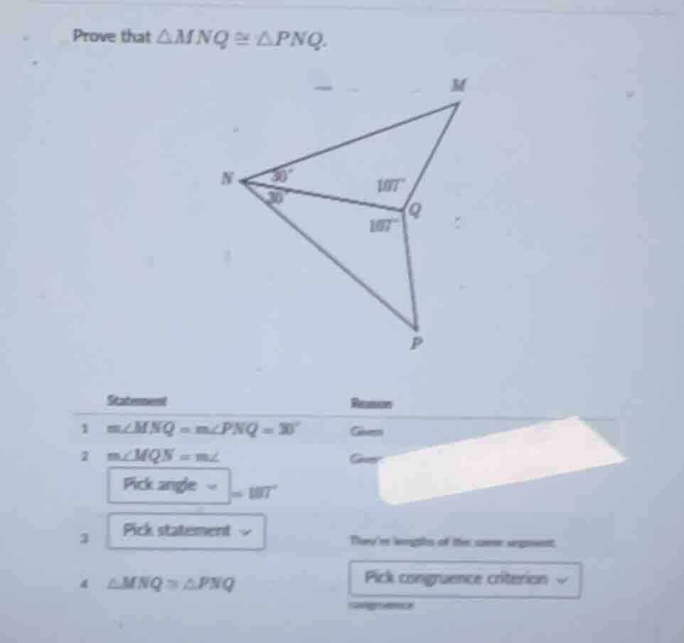 prove that $\\triangle mnq \\cong \\triangle pnq$. (image of triangle w…