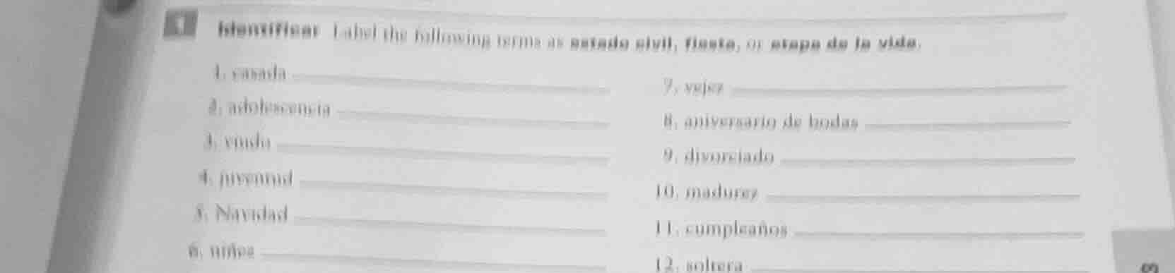 identificar label the following terms as estado civil, fiesta, or etapa…