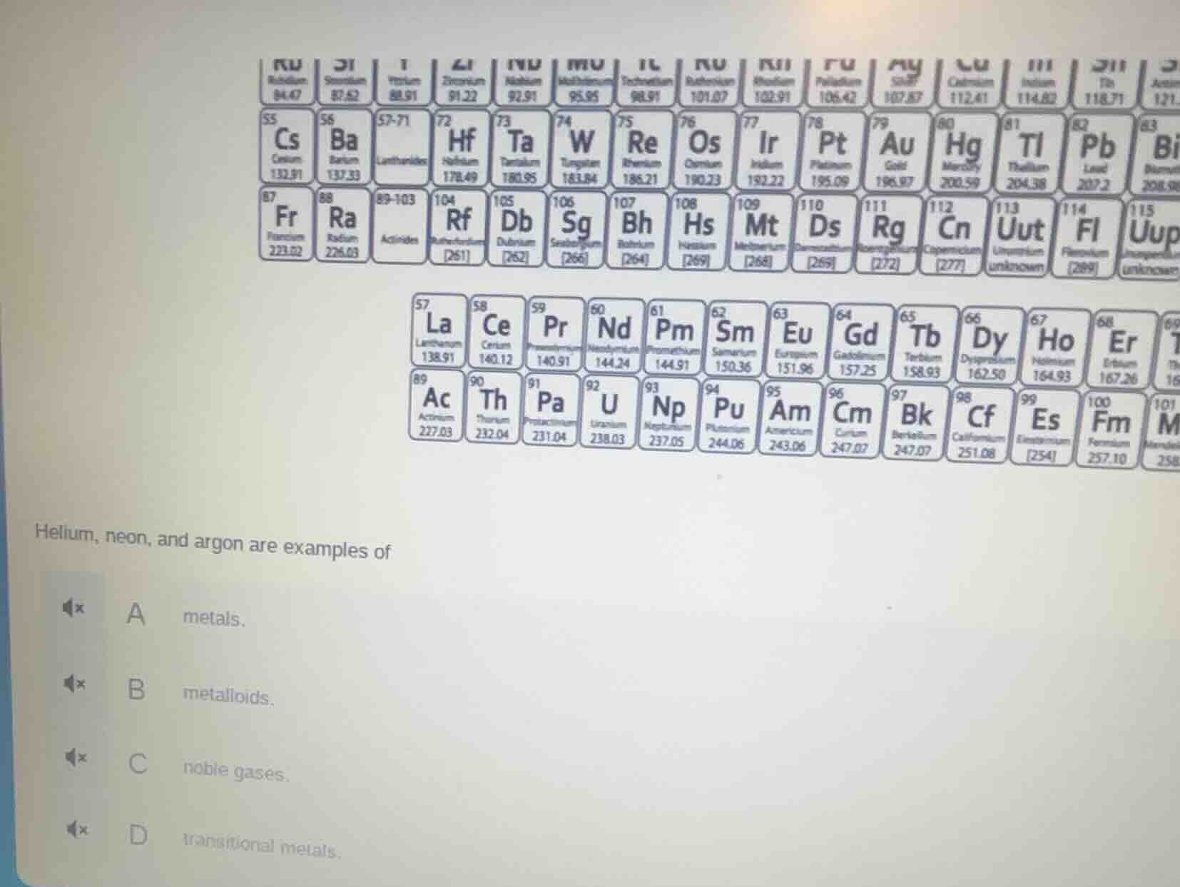 helium, neon, and argon are examples of a metals. b metalloids. c noble…
