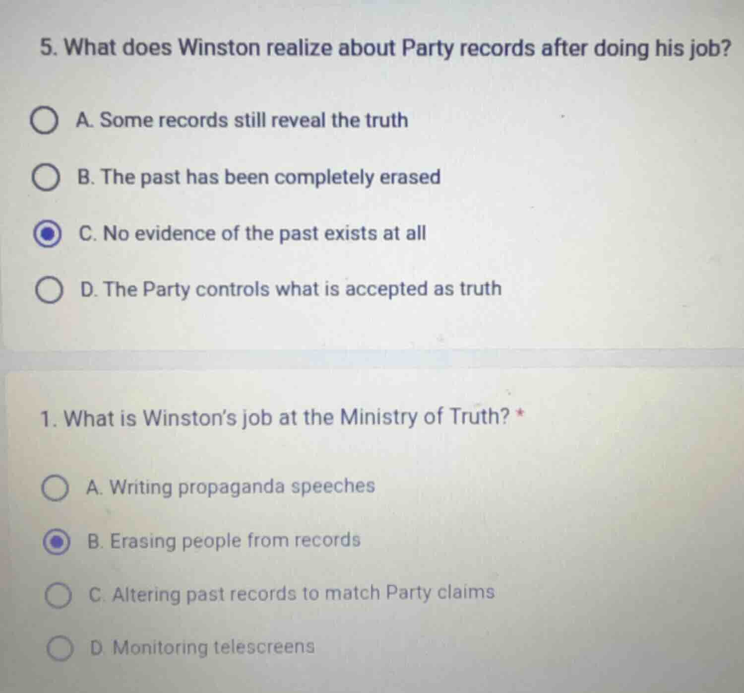 5. what does winston realize about party records after doing his job? a…