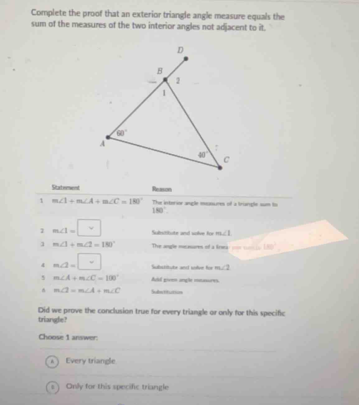 complete the proof that an exterior triangle angle measure equals the s…