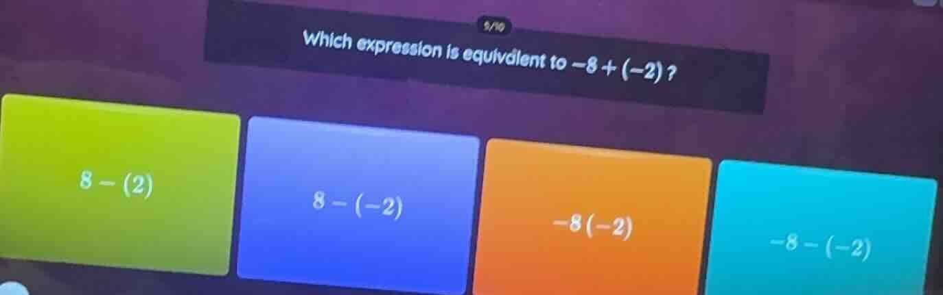 which expression is equivalent to $-8 + (-2)$? options: $8 - (2)$ $8 - …