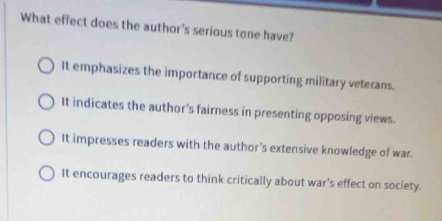 what effect does the author’s serious tone have? ○ it emphasizes the im…
