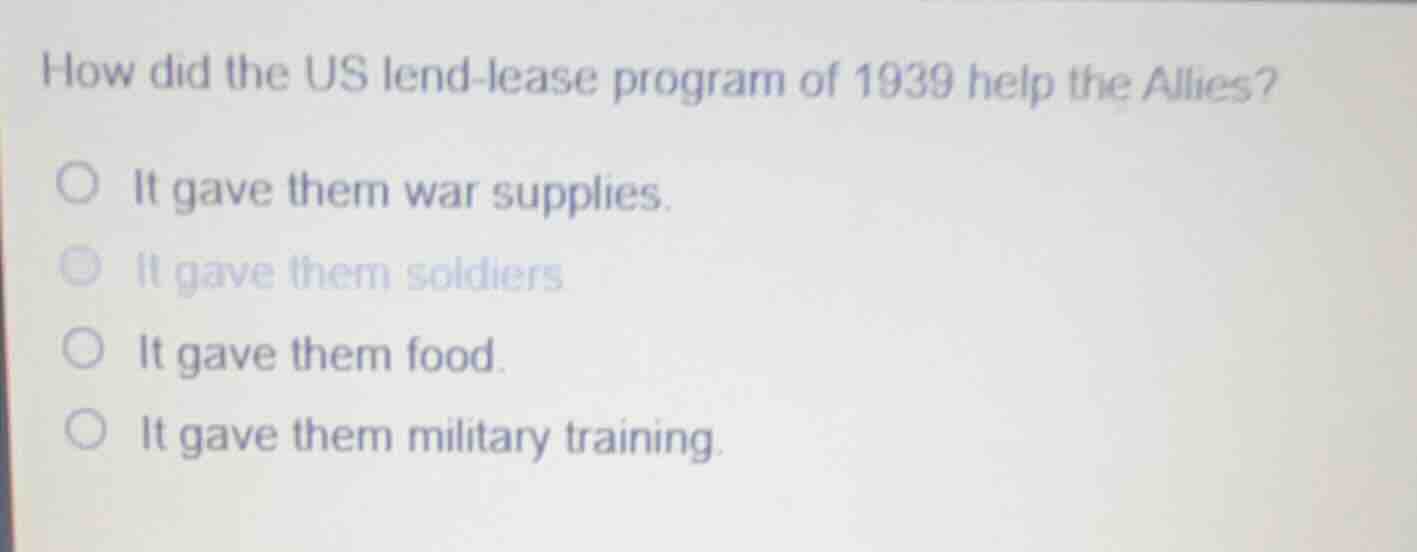 how did the us lend-lease program of 1939 help the allies? ○ it gave th…