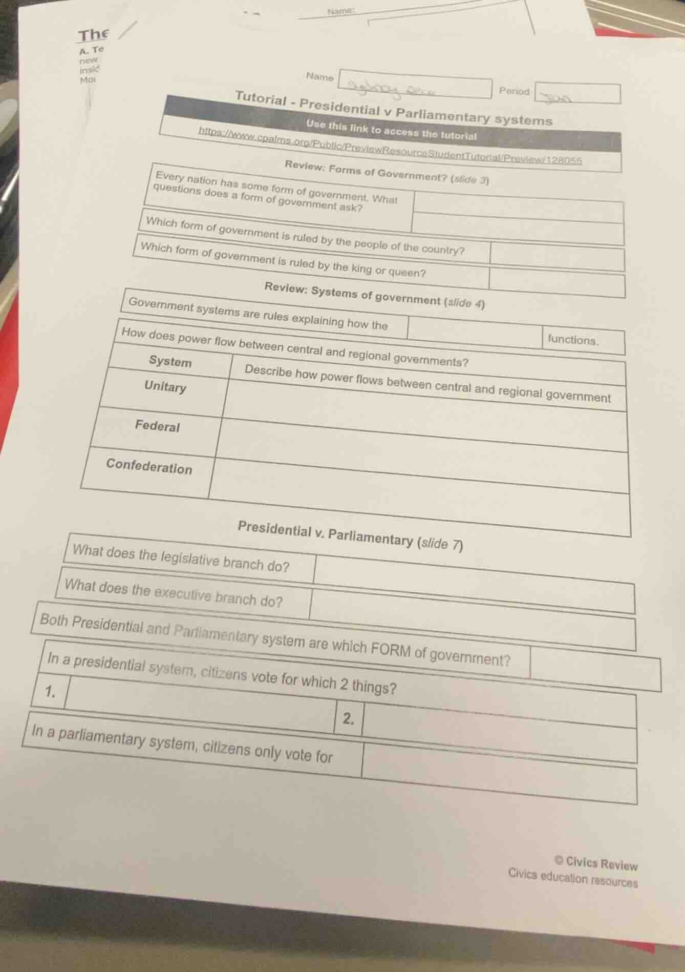name period tutorial - presidential v parliamentary systems use this li…