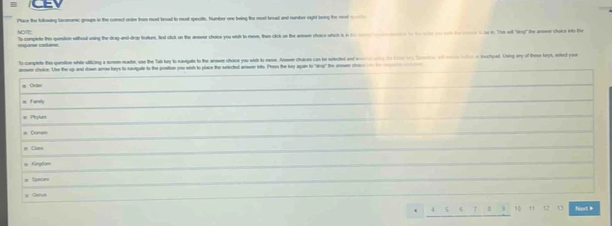 place the following taxonomic groups in the correct order from most bro…