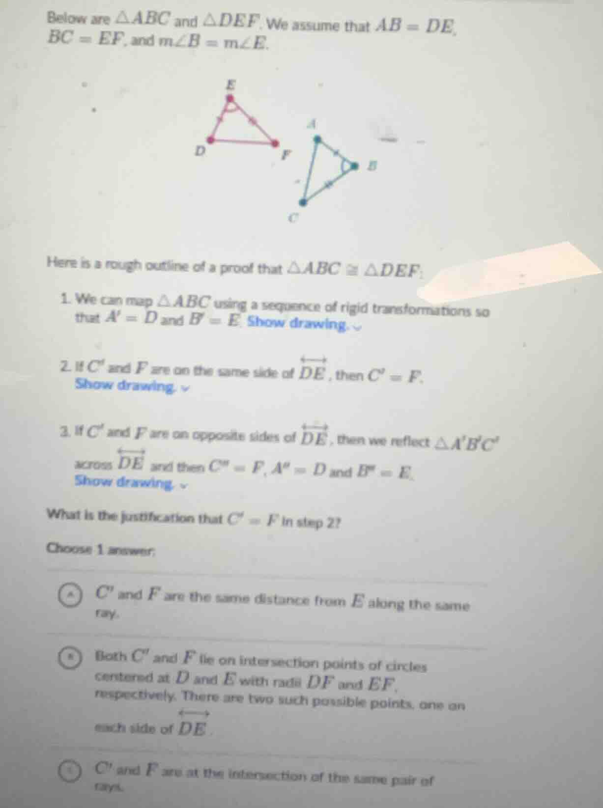 below are △abc and △def. we assume that ab = de, bc = ef, and m∠b = m∠e…