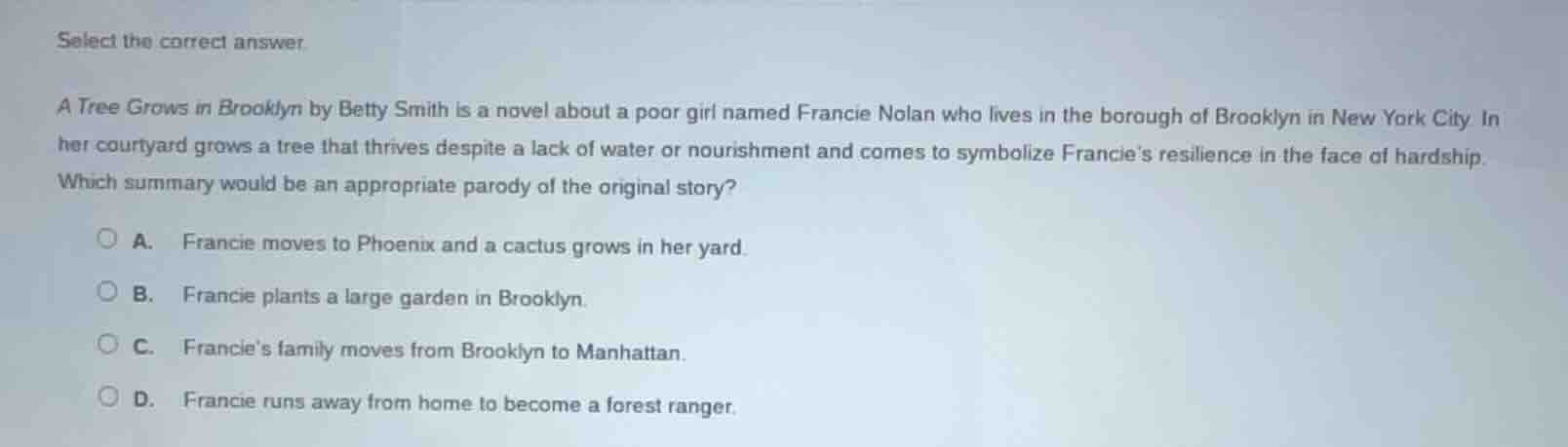 select the correct answer. a tree grows in brooklyn by betty smith is a…