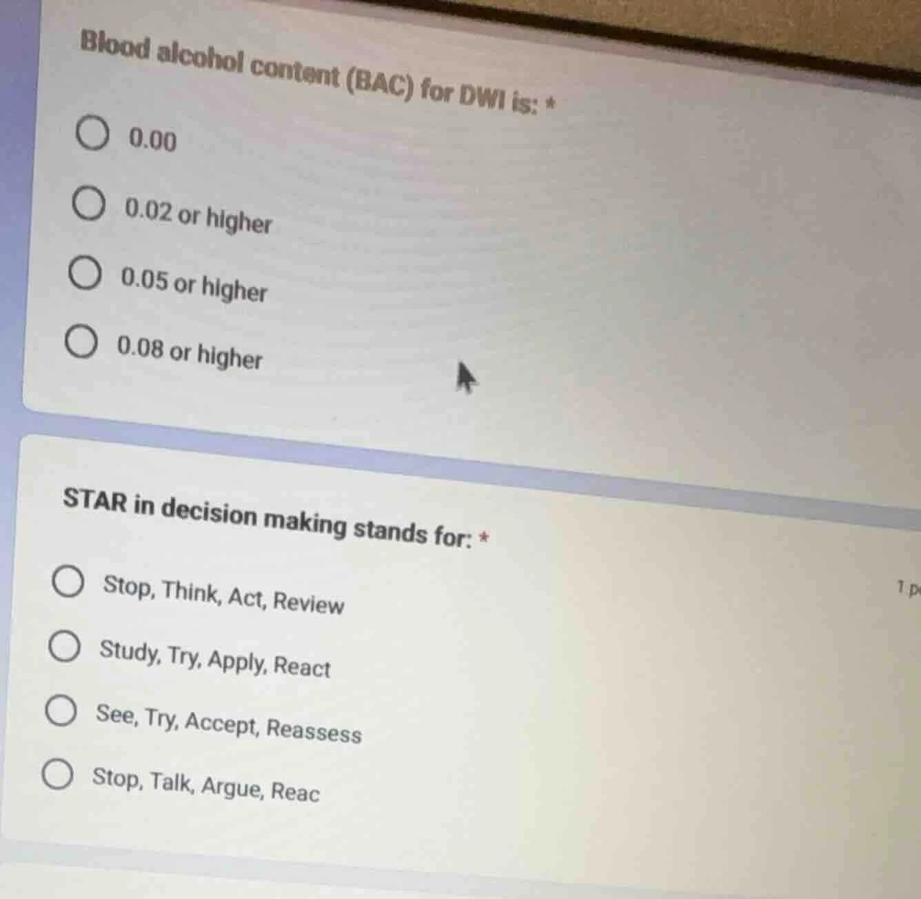 blood alcohol content (bac) for dwi is: * 0.00 0.02 or higher 0.05 or h…