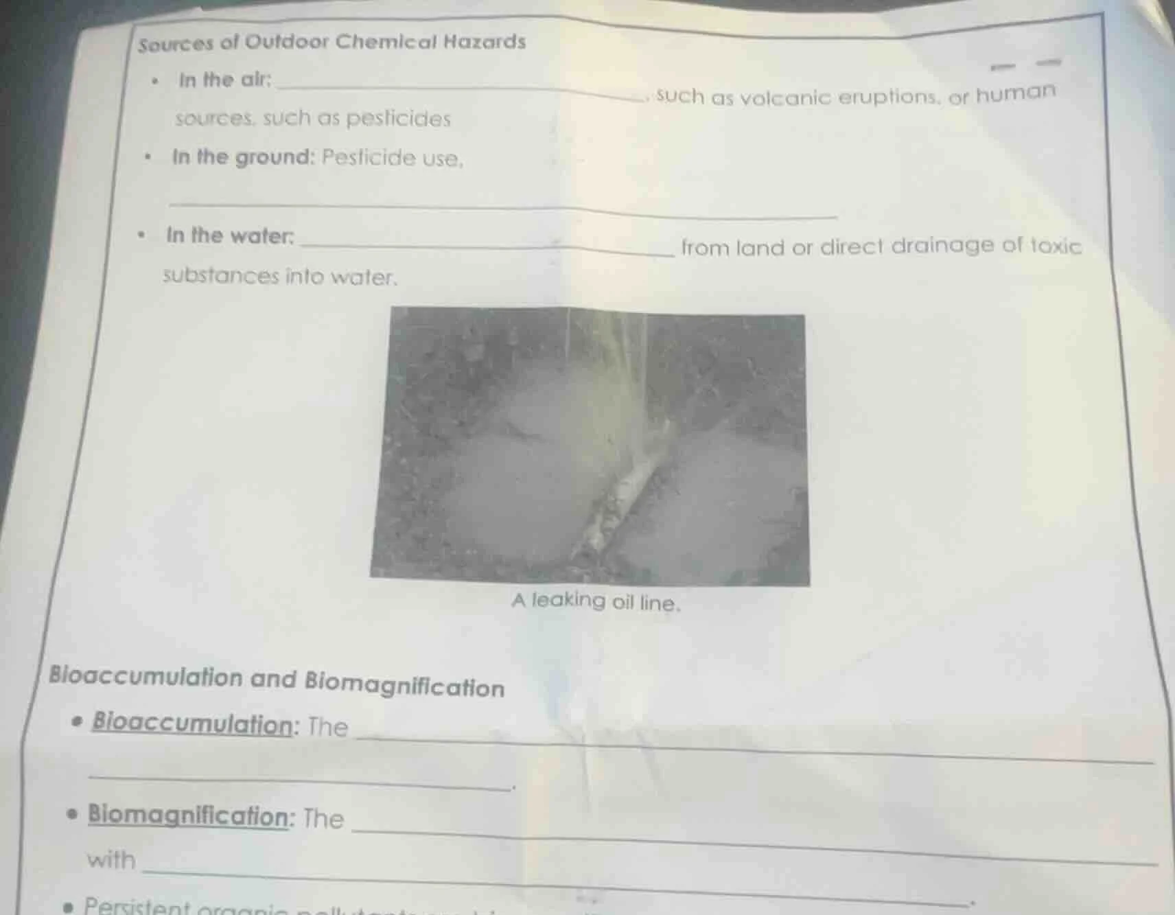 sources of outdoor chemical hazards - in the air: ____________, such as…