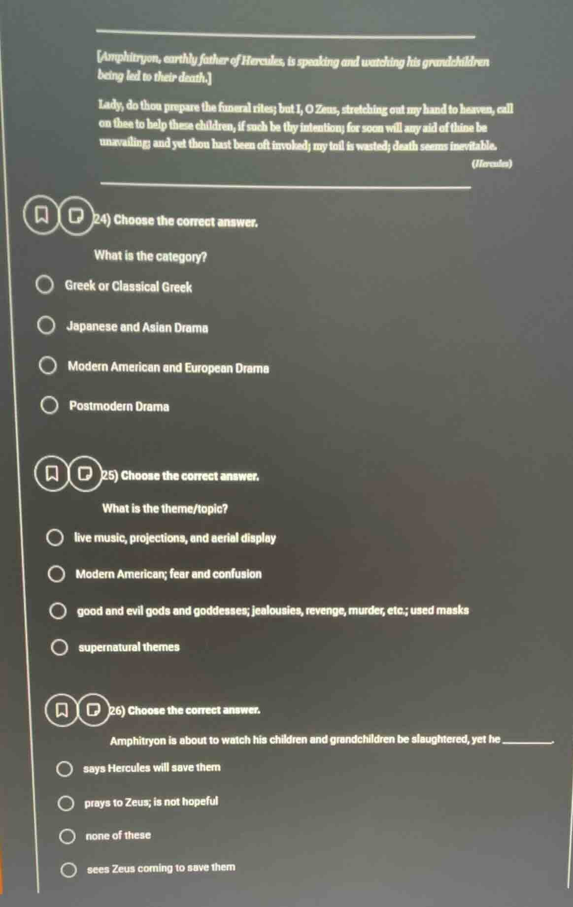 amphitryon, earthly father of hercules, is speaking and watching his gr…