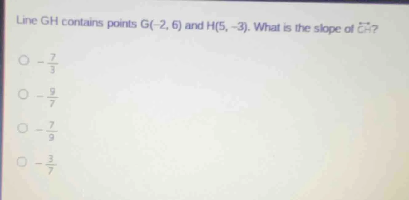 line gh contains points g(-2, 6) and h(5, -3). what is the slope of \\(…