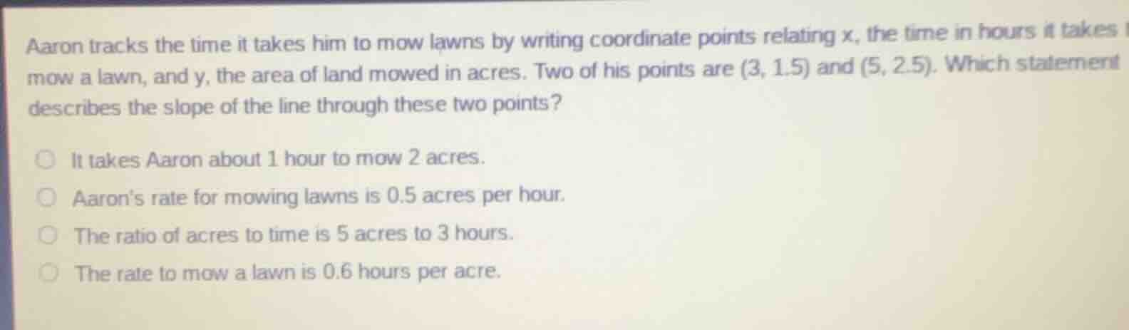 aaron tracks the time it takes him to mow lawns by writing coordinate p…