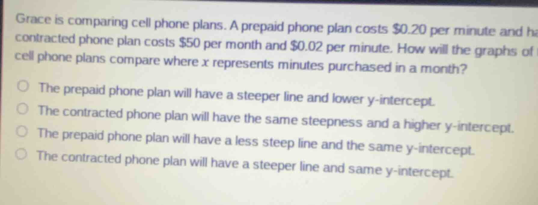 grace is comparing cell phone plans. a prepaid phone plan costs $0.20 p…