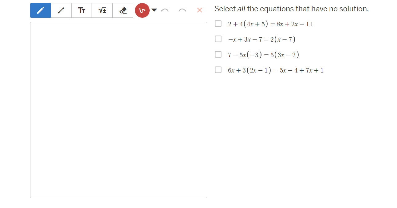 select all the equations that have no solution. 2 + 4(4x + 5) = 8x + 2x…