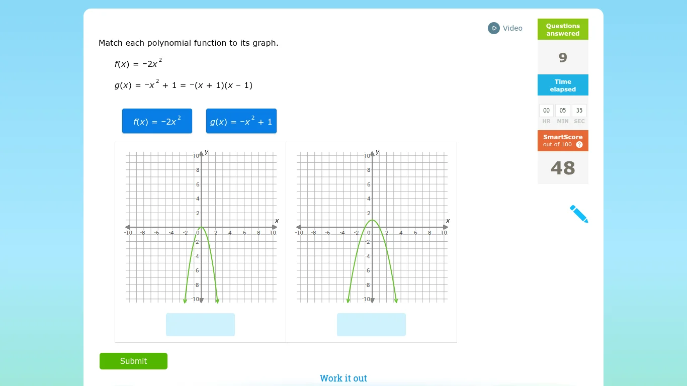 match each polynomial function to its graph. $f(x) = -2x^{2}$ $g(x) = -…