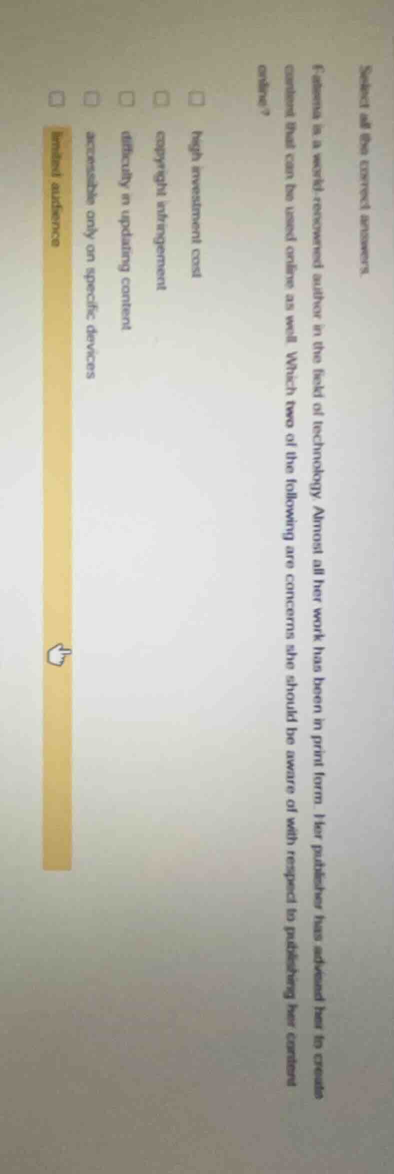 select all the correct answers. fatima is a well - reviewed author in t…