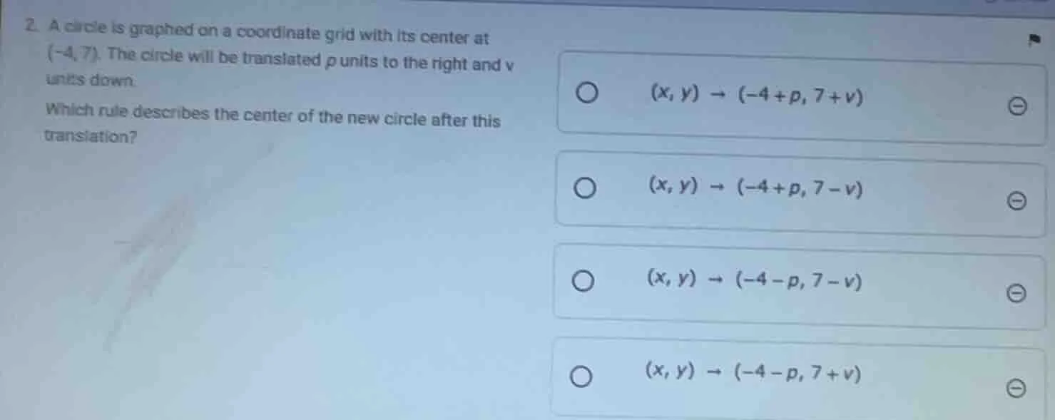2. a circle is graphed on a coordinate grid with its center at (-4, 7).…