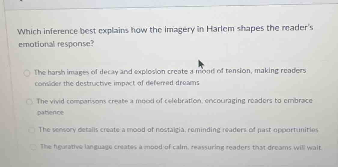 which inference best explains how the imagery in harlem shapes the read…