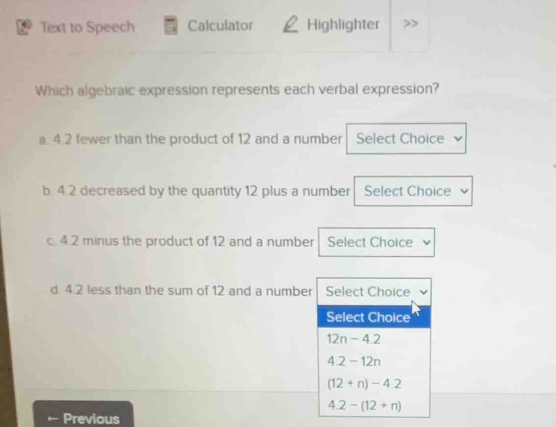 which algebraic expression represents each verbal expression? a. 4.2 fe…