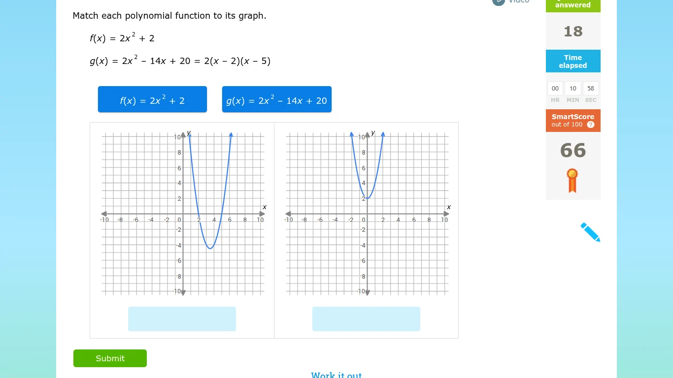 match each polynomial function to its graph. $f(x) = 2x^2 + 2$ $g(x) = …