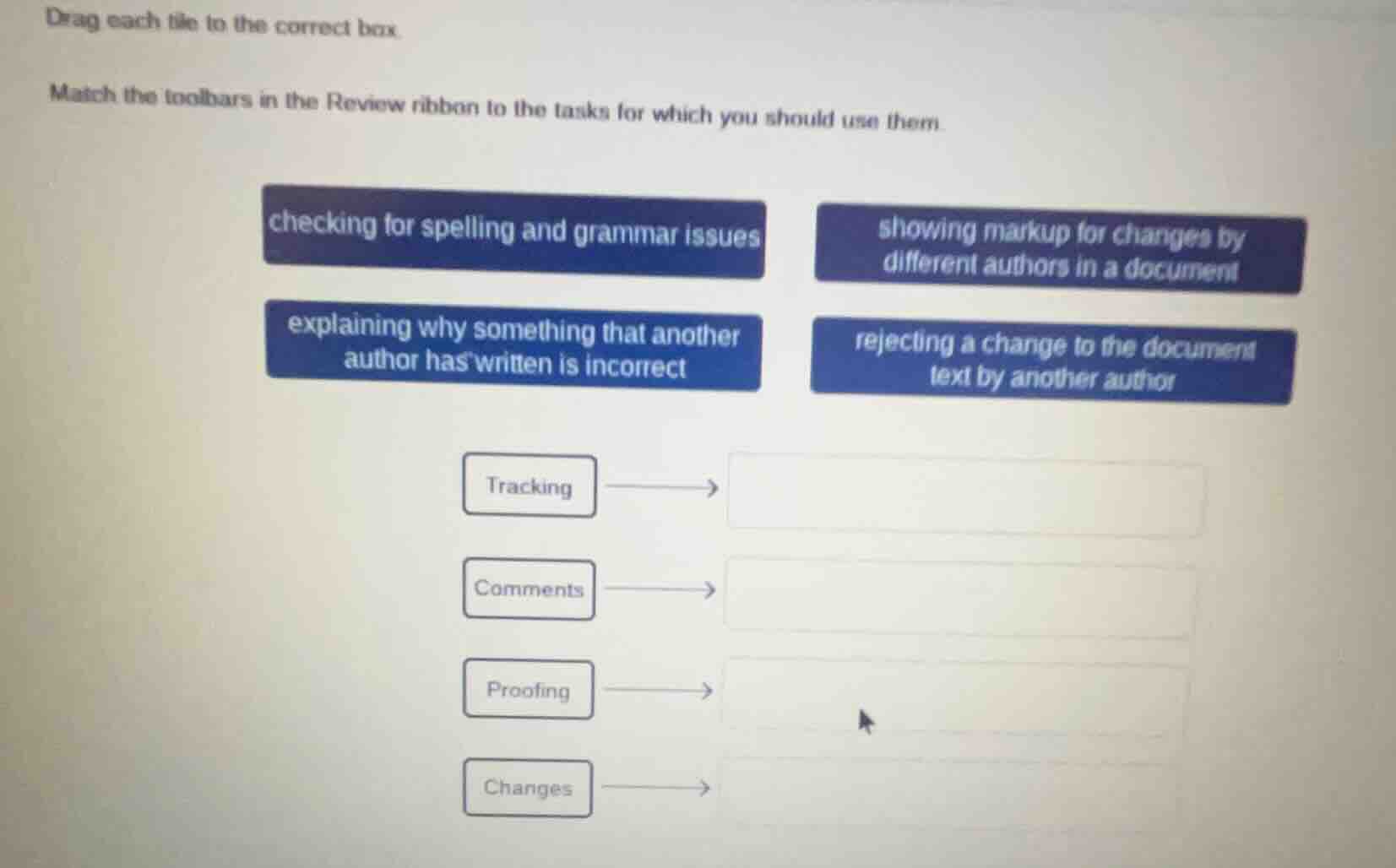 drag each tile to the correct box. match the toolbars in the review rib…