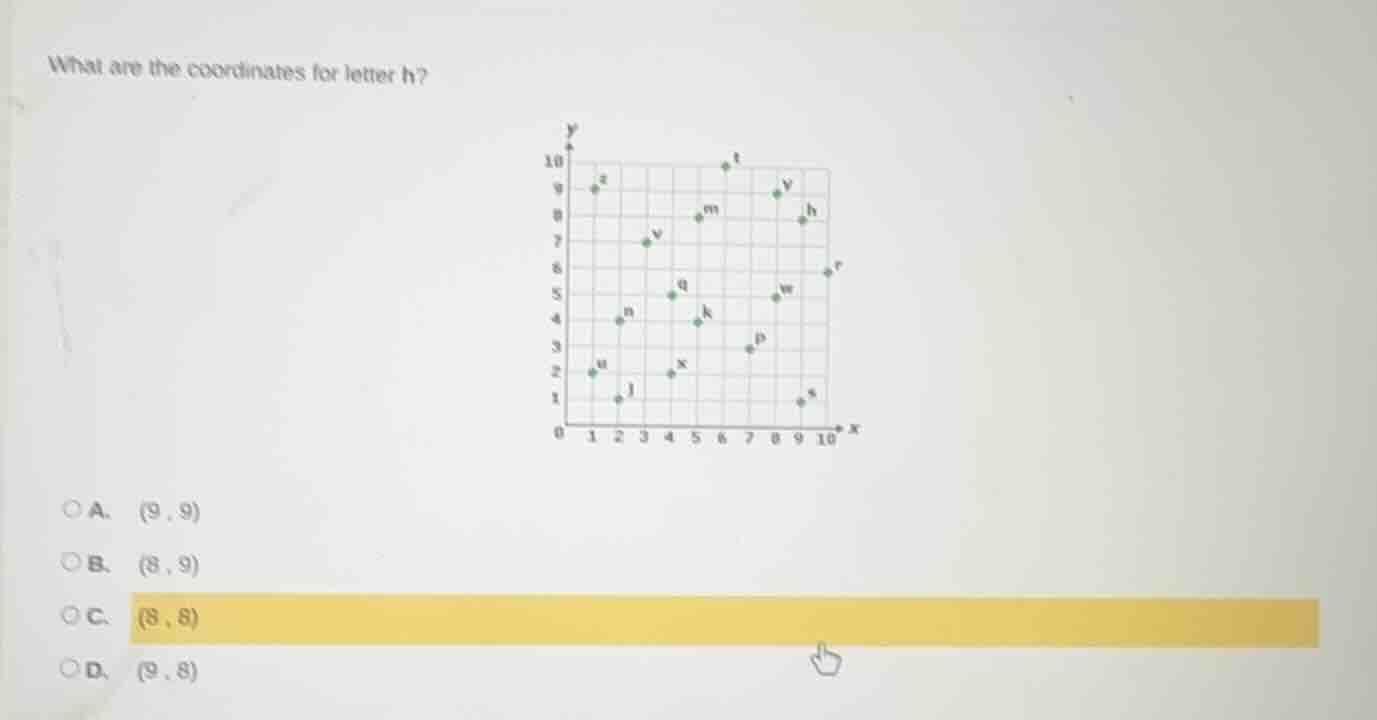 what are the coordinates for letter h? a. (9, 9) b. (8, 9) c. (3, 8) d.…