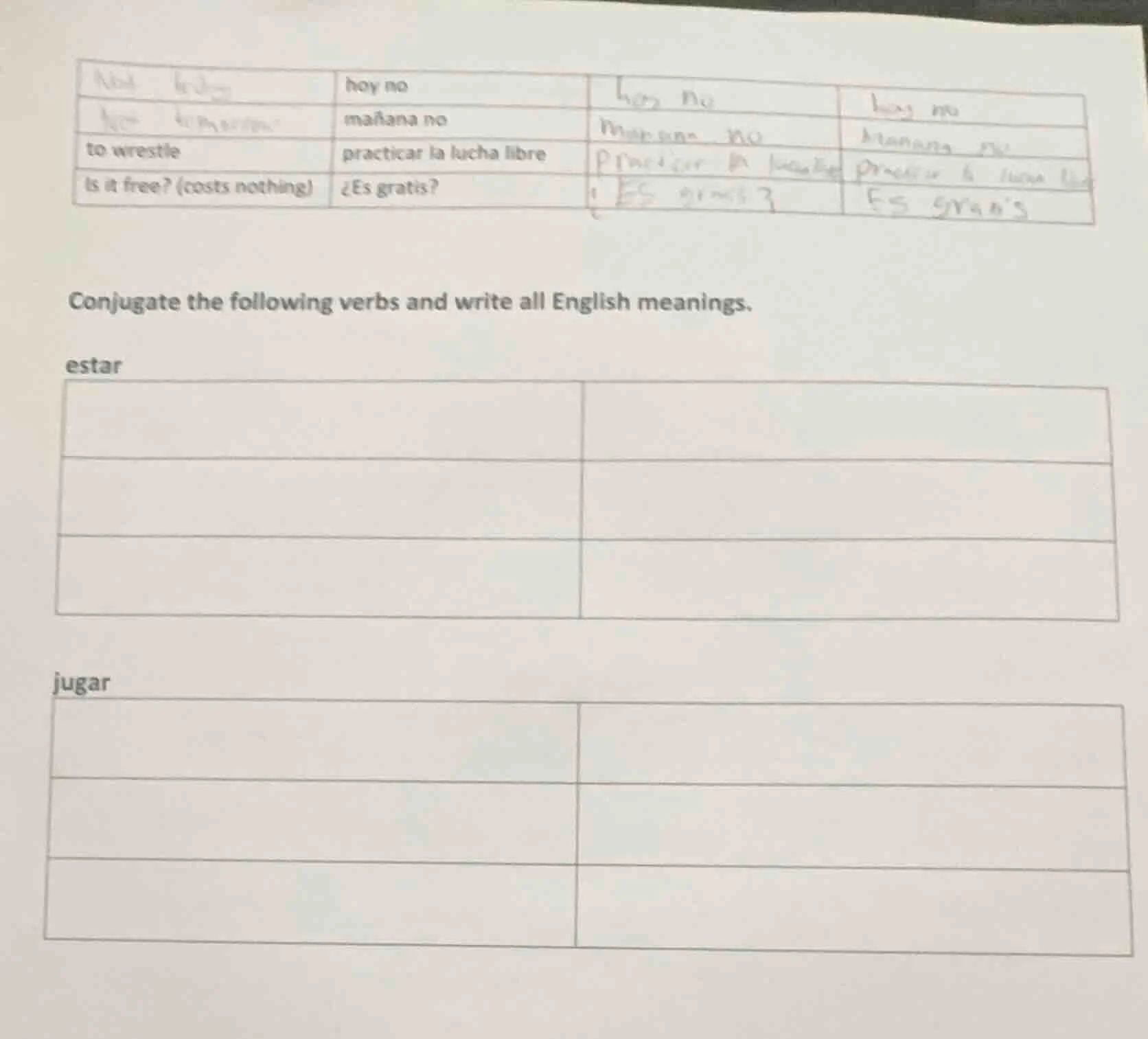 conjugate the following verbs and write all english meanings. estar jug…