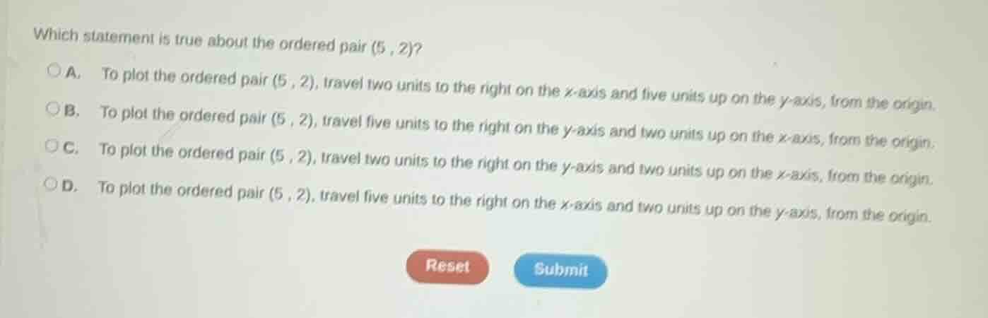 which statement is true about the ordered pair (5, 2)? a. to plot the o…