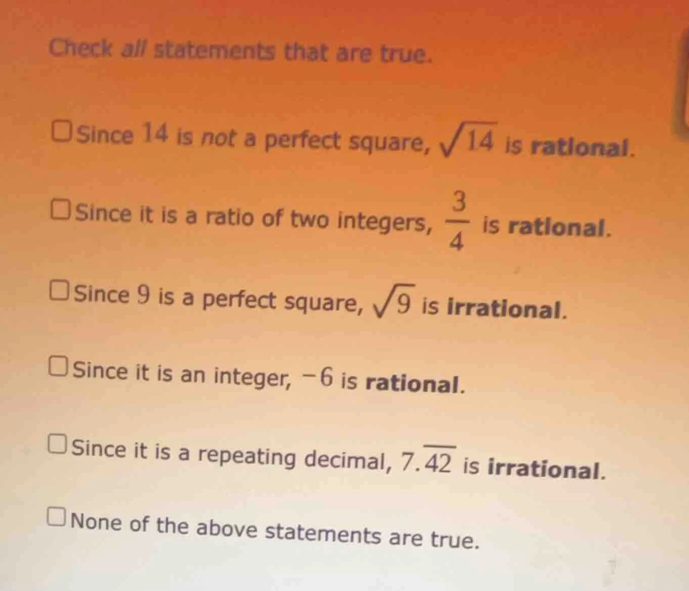 check all statements that are true. since 14 is not a perfect square, $…