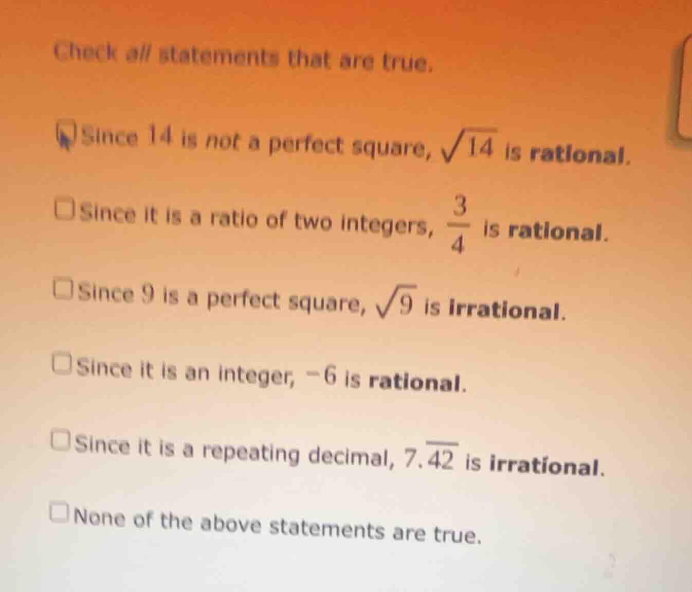 check all statements that are true. since 14 is not a perfect square, \…