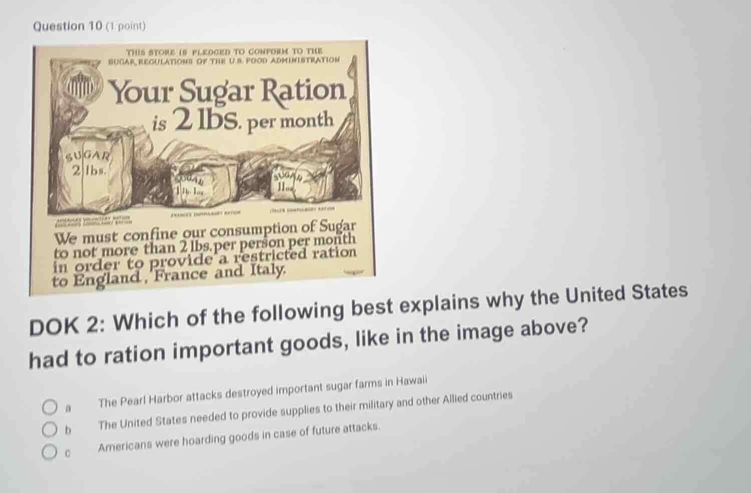 question 10 (1 point) image: a poster with text your sugar ration is 2 …