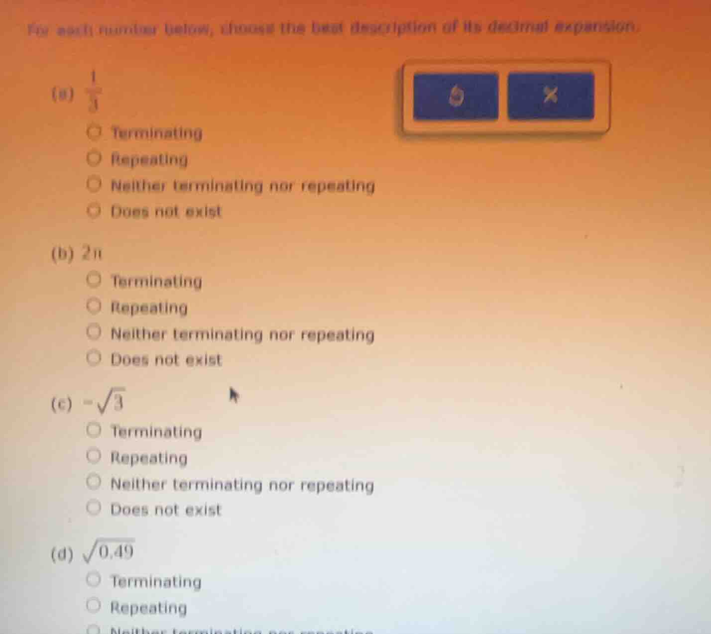 for each number below, choose the best description of its decimal expan…