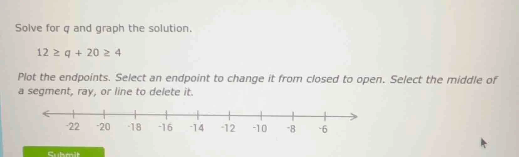 solve for q and graph the solution. 12 ≥ q + 20 ≥ 4 plot the endpoints.…