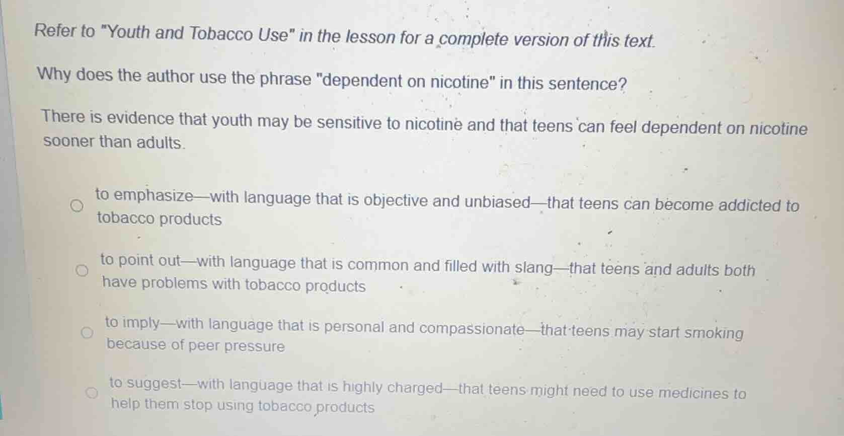 refer to \youth and tobacco use\ in the lesson for a complete version o…