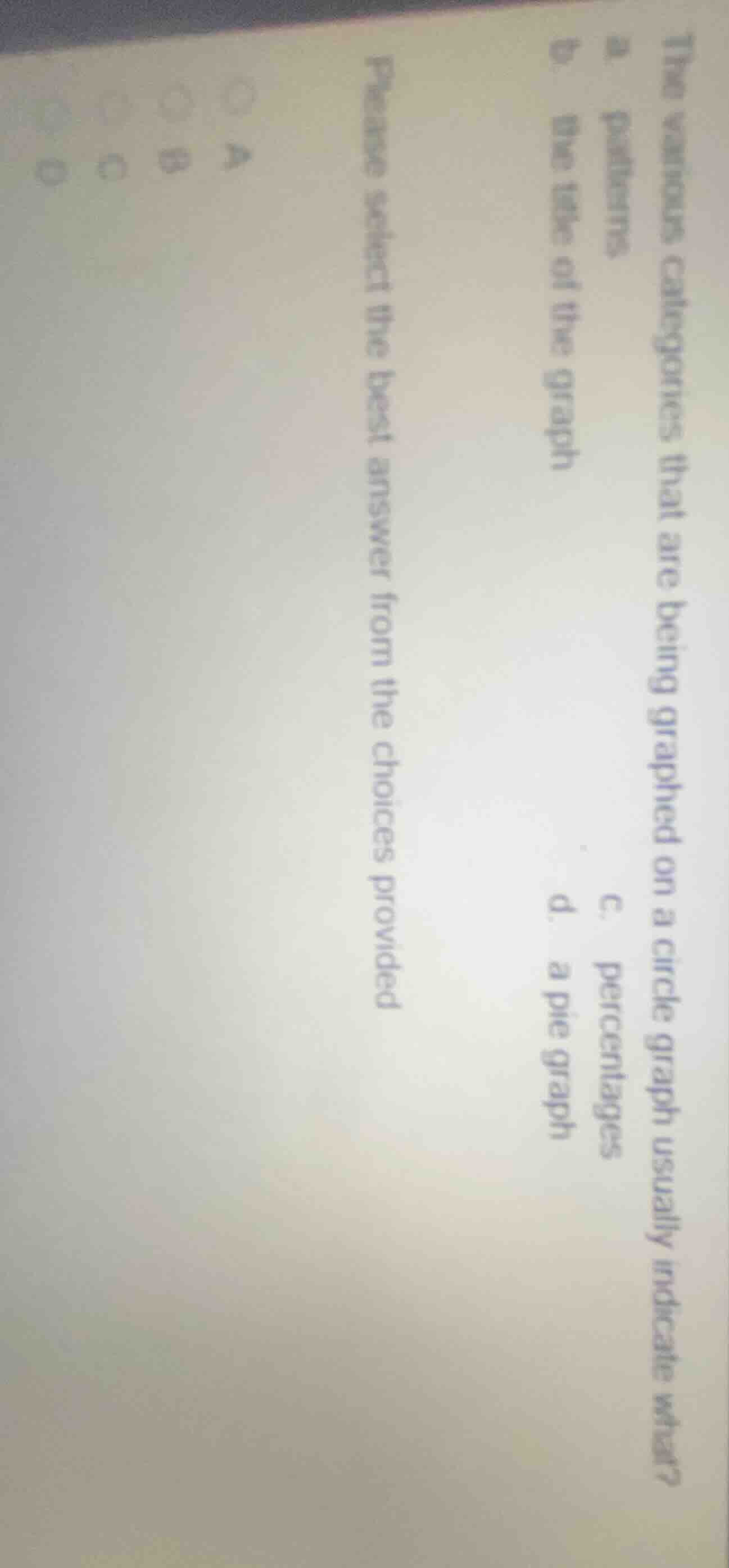 the various categories that are being graphed on a circle graph usually…