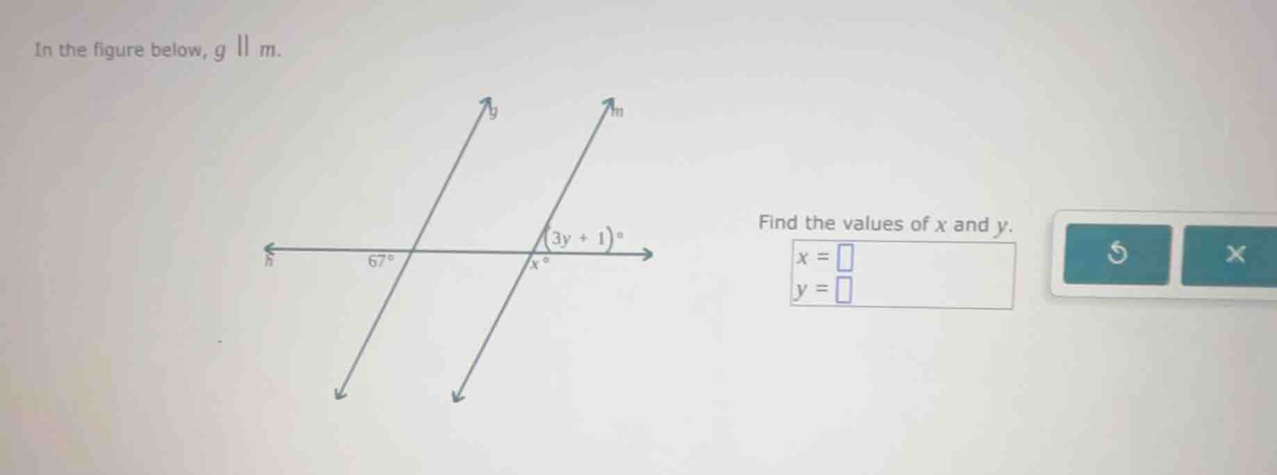 in the figure below, g || m. find the values of x and y. x = y = (there…