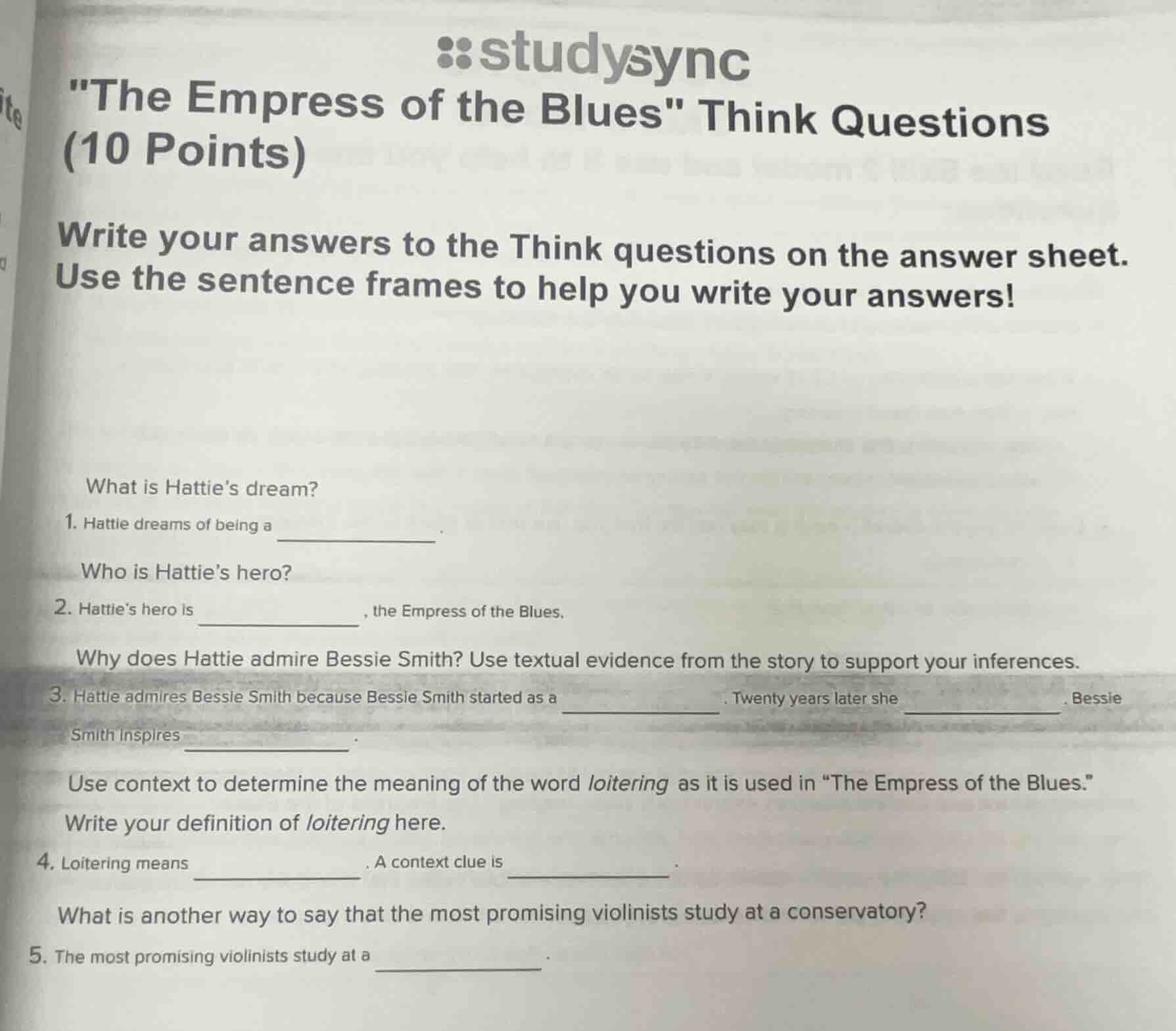 studysync \the empress of the blues\ think questions (10 points) write …