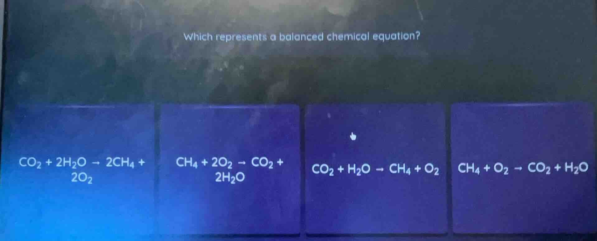 which represents a balanced chemical equation?\ $\\ce{co_{2} + 2h_{2}o …