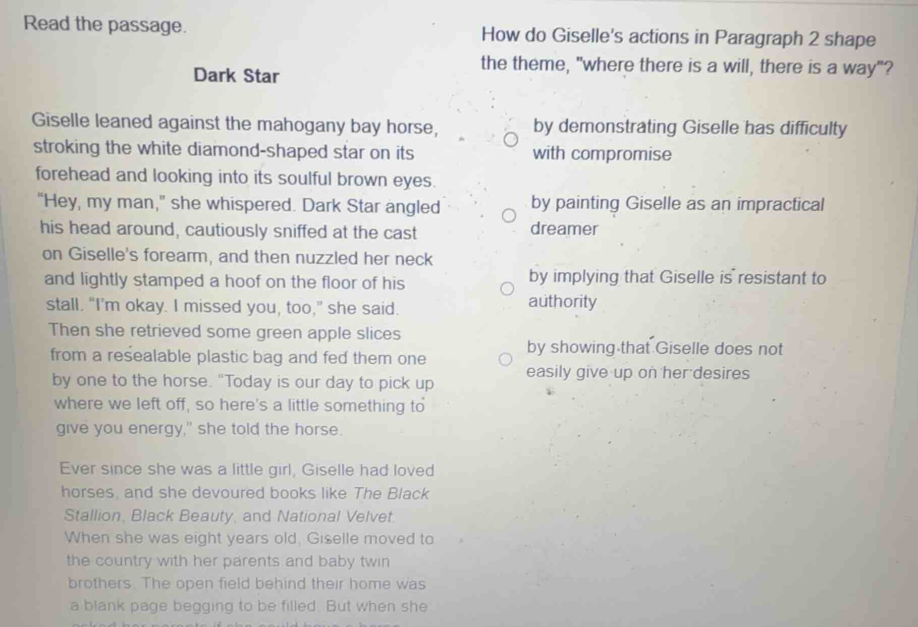 read the passage. dark star giselle leaned against the mahogany bay hor…