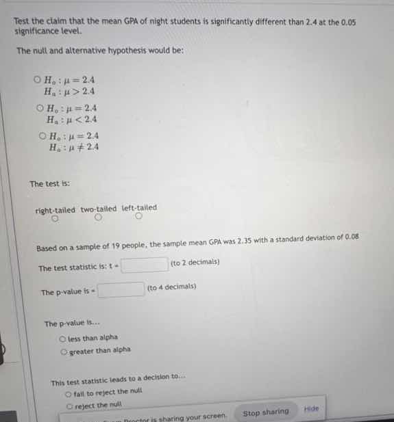 test the claim that the mean gpa of night students is significantly dif…