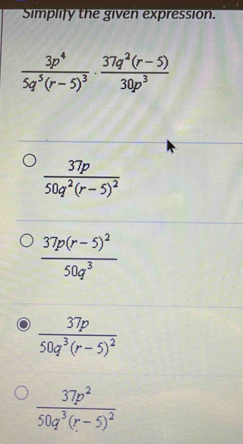 simplify the given expression. \\(\\frac{3p^4}{5q^5(r - 5)^3} \\cdot \\…