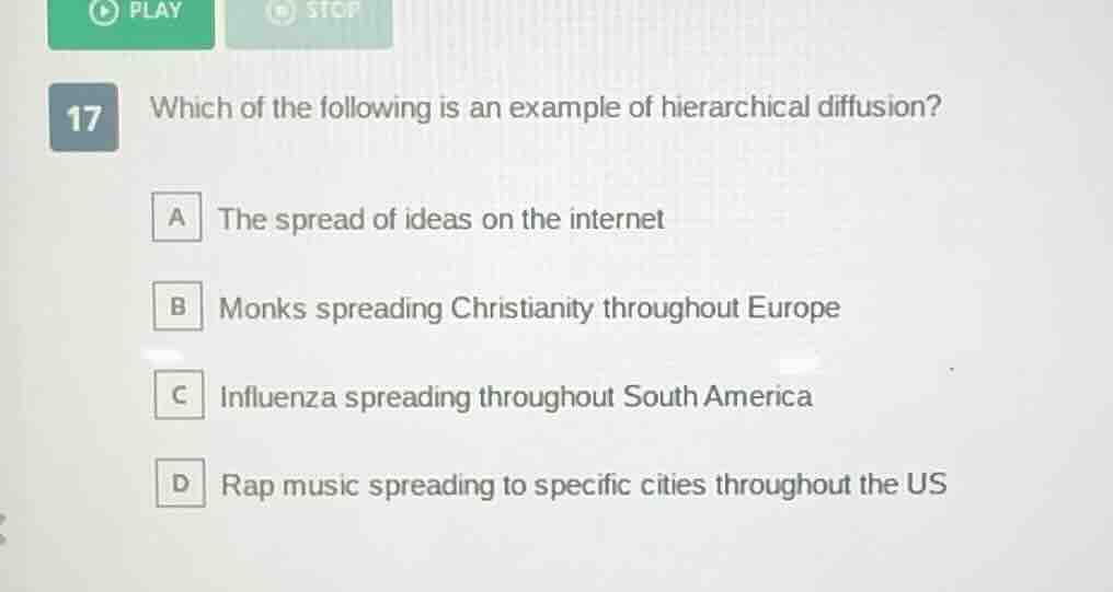 17 which of the following is an example of hierarchical diffusion? a th…