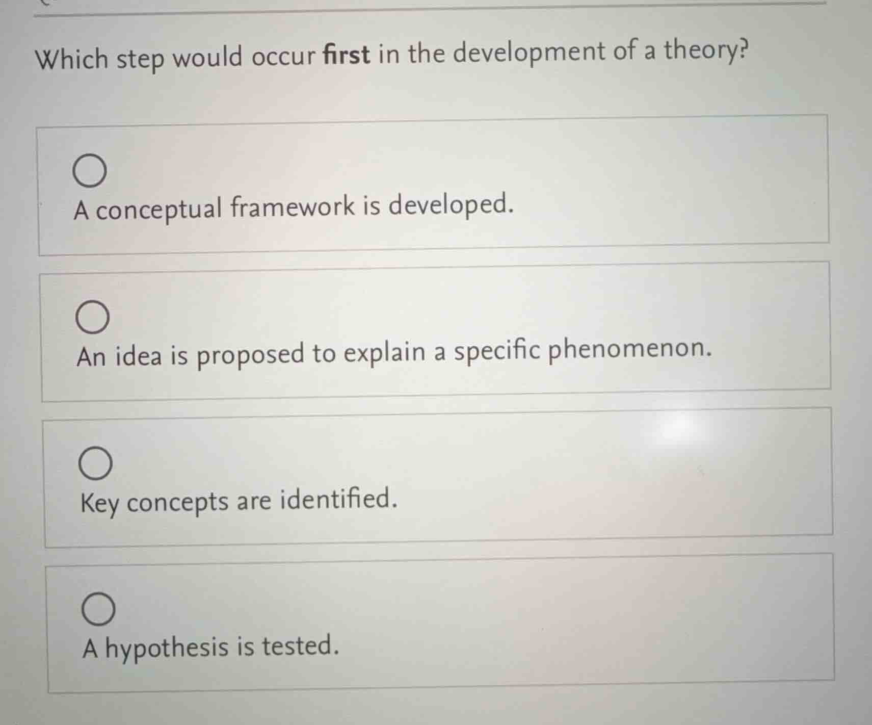 which step would occur first in the development of a theory? a conceptu…