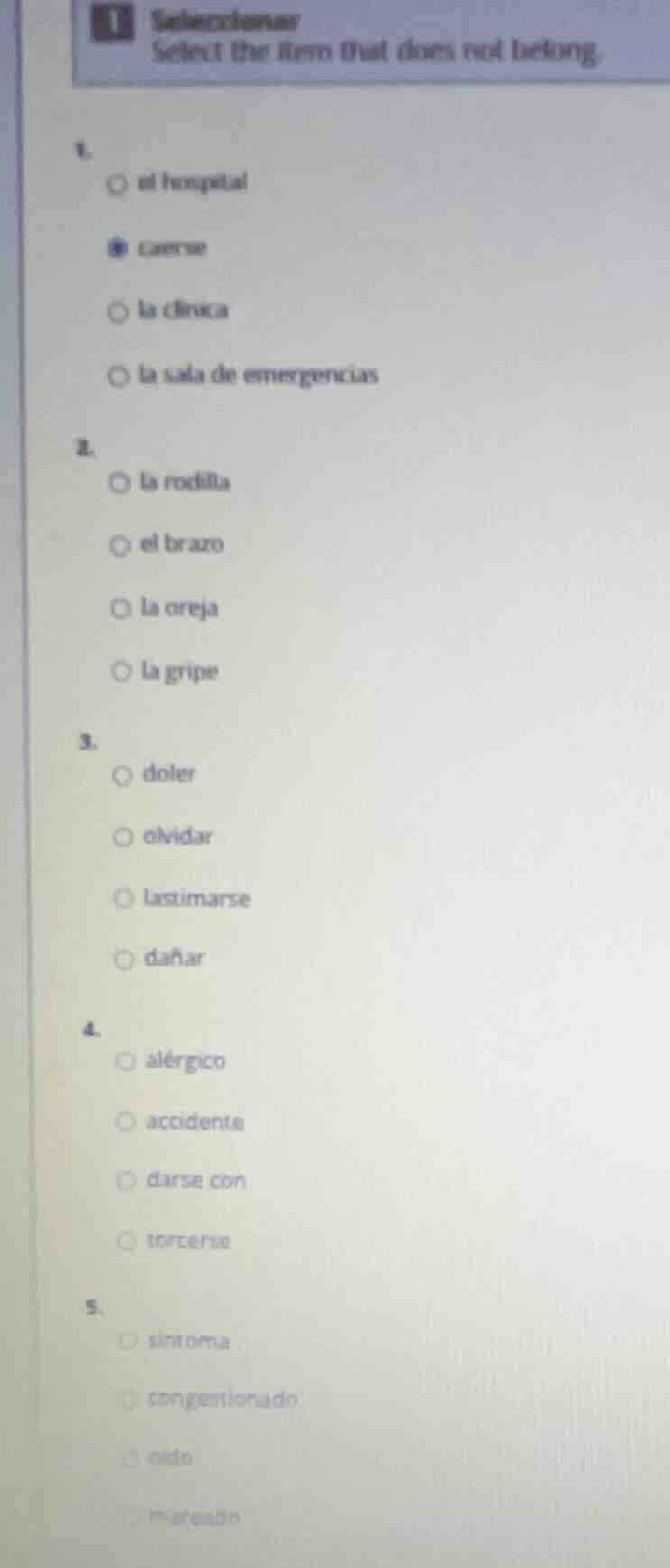 seleccionar select the item that does not belong. 1. el hospital cansar…