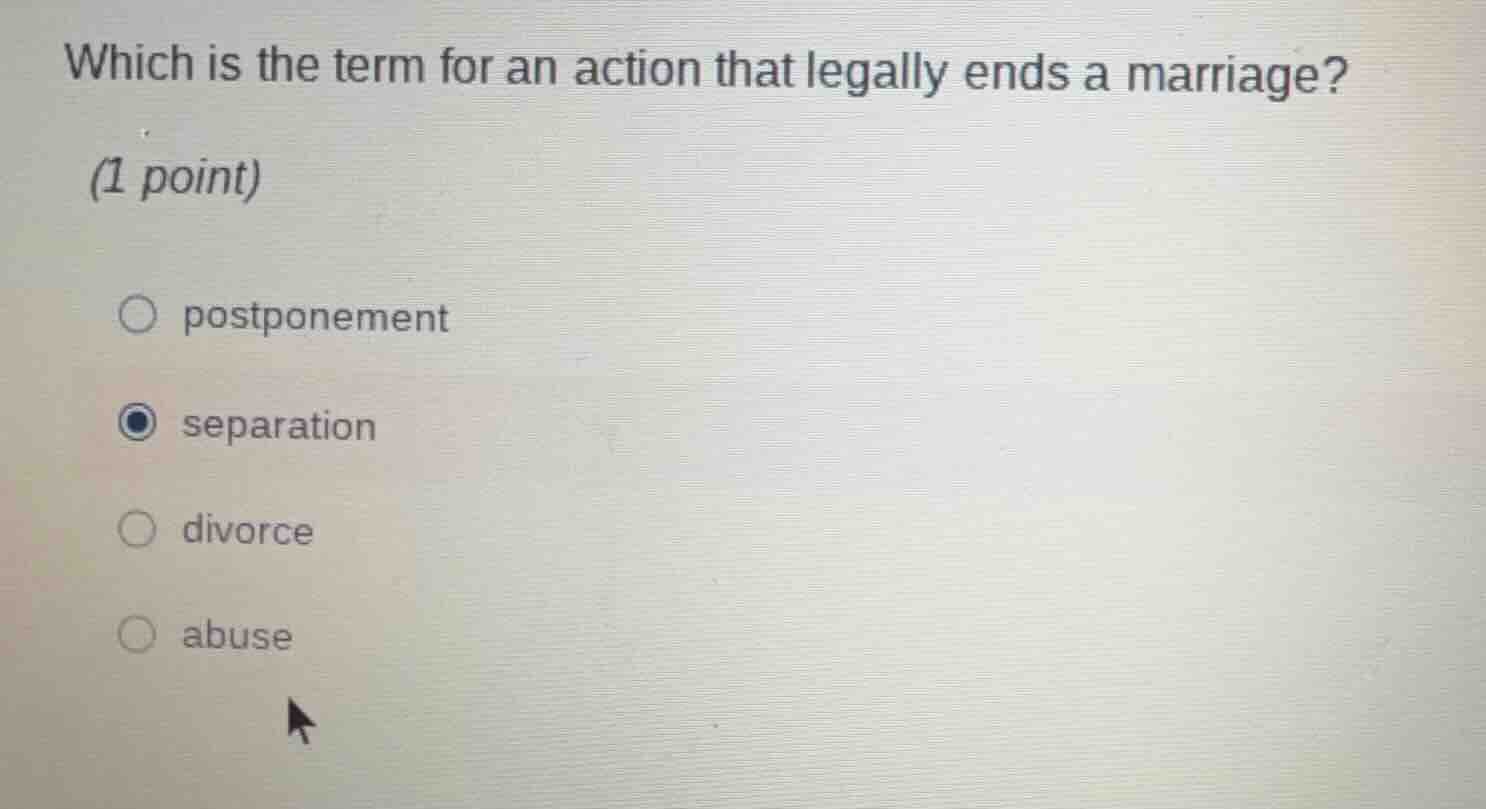 which is the term for an action that legally ends a marriage? (1 point)…